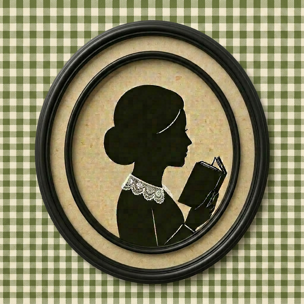 Victorian silhouette portrait in ornate frame Silhouette of a Victorian woman in profile wearing a hat with feathers and a high-collared dress