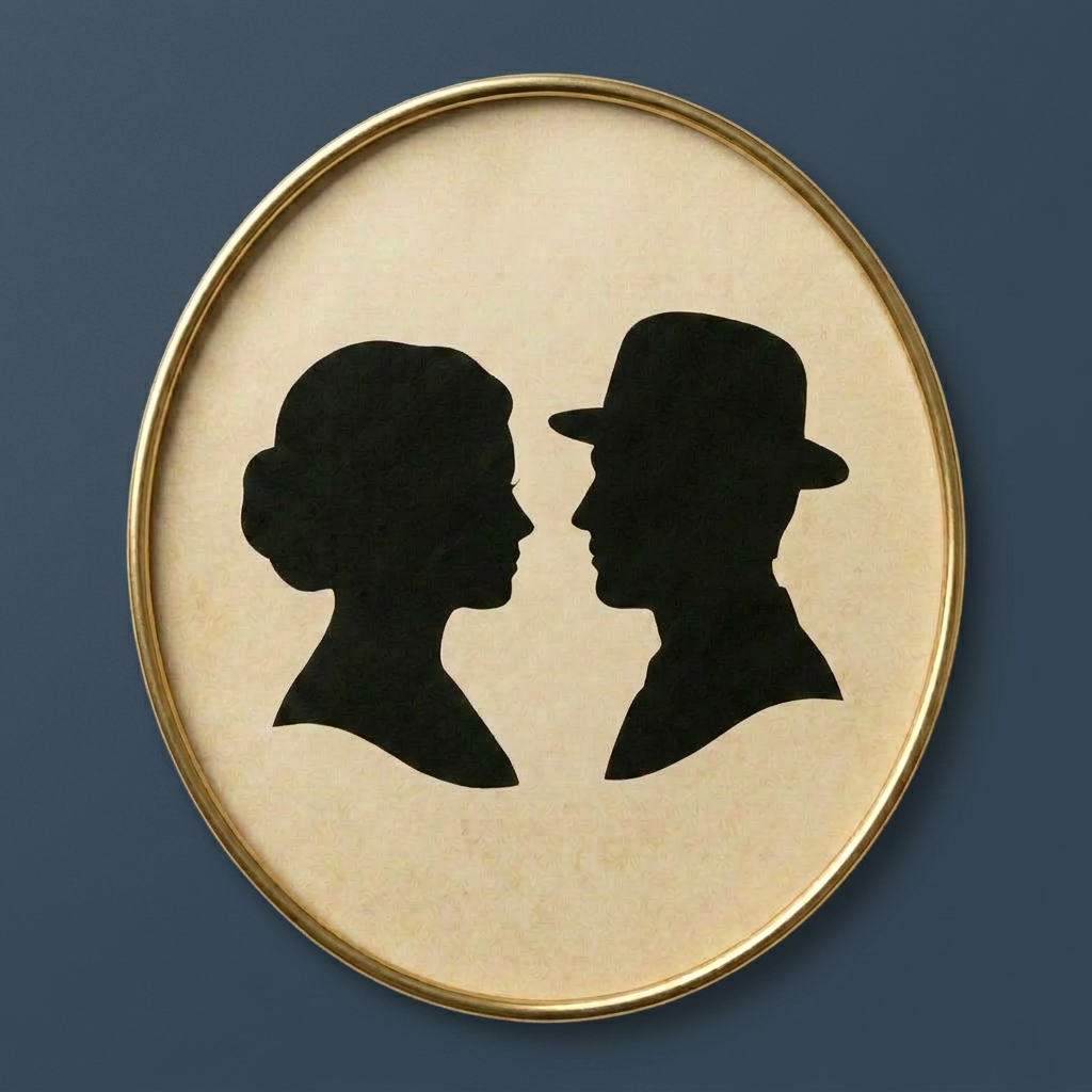 Silhouette of a Victorian woman in profile wearing a hat with feathers and a high-collared dress